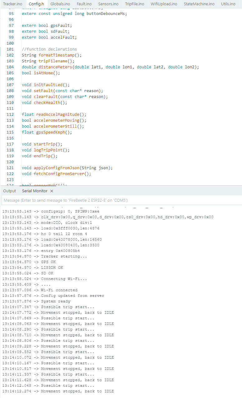 Arduino IDE Serial Monitor showing live system logs: GPS OK, LIS3DH OK, SD OK, Wi-Fi connected, state machine transitions